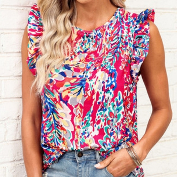 Abstract Print Ruffle Shoulder Top - Picture 1 of 4